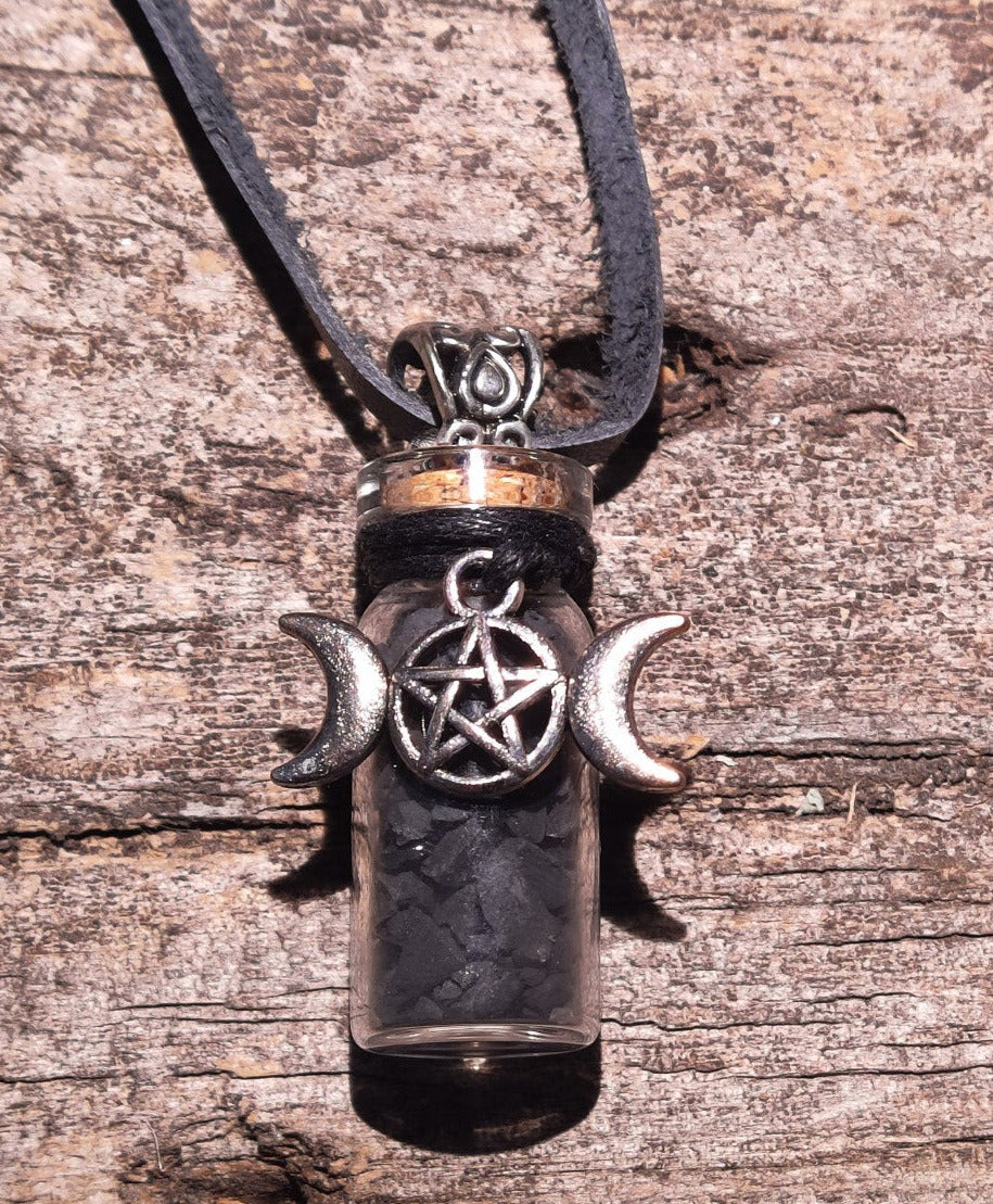 Collier bouteille pépites Shungite / triple lune 20,5'' L