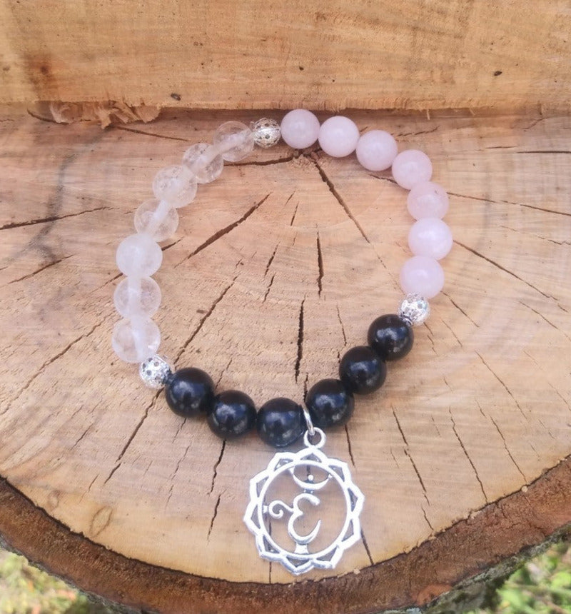 Bracelet Quartz clair et rose + Shungite , guérison + Lotus billes 8mm