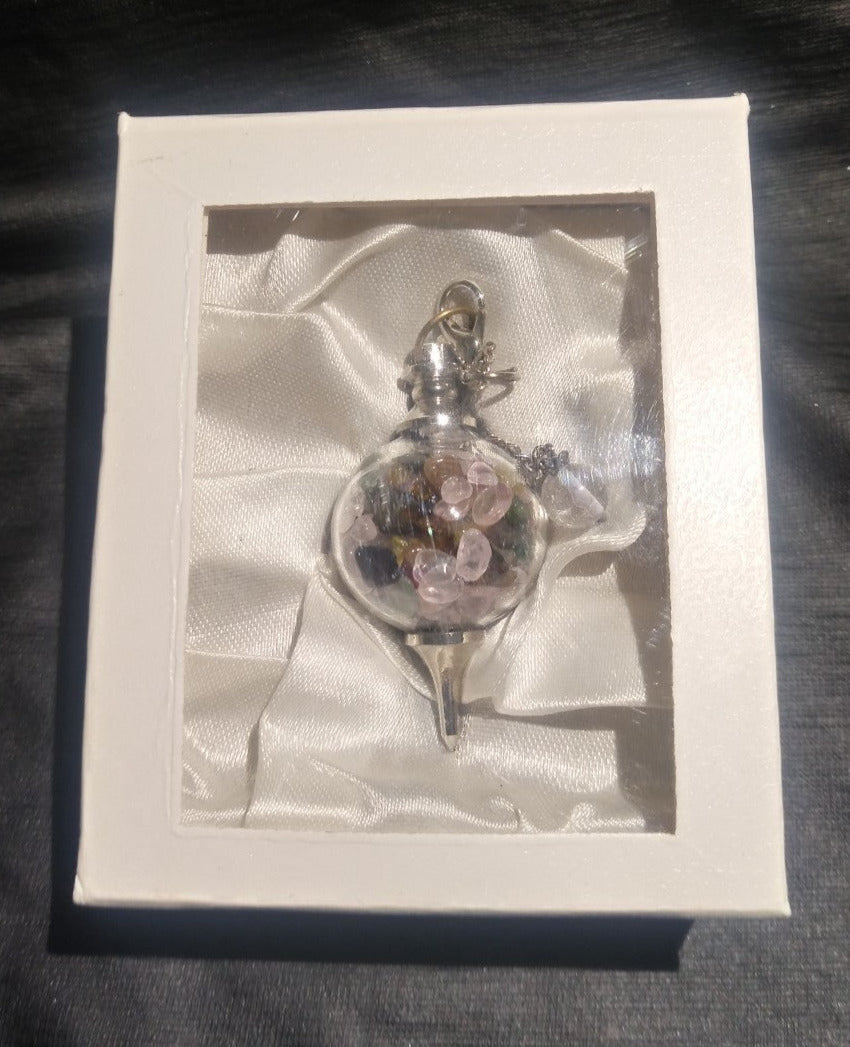Pendule séphoroton en verre+éclats de quartz rose et tourmaline mixte