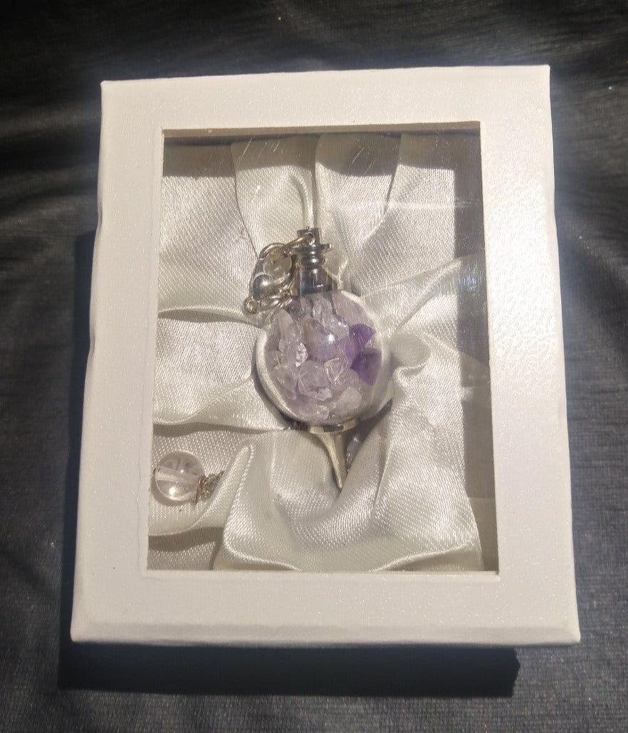 Pendule shéphoroton en verre+éclats de cristaux et améthyste