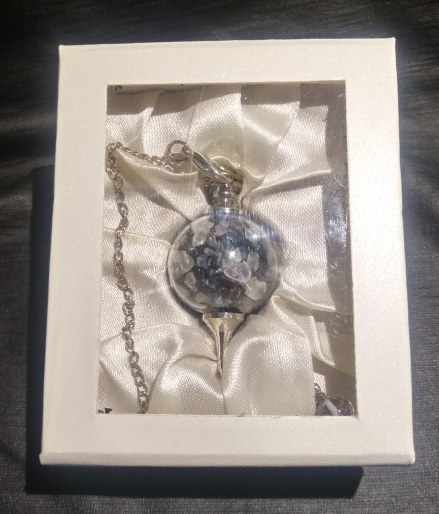 Pendule séphoroton en verre+éclats  de tourmaline noire et fluorite