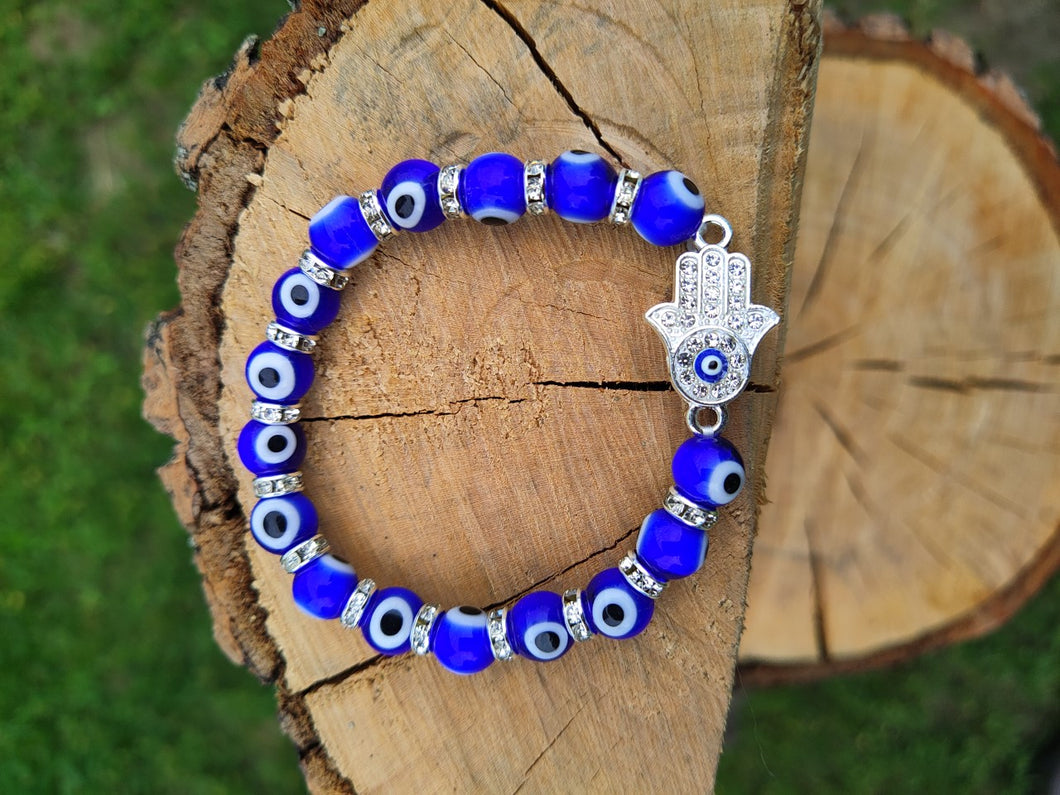 Bracelet oeil de protection billes verre-cobalt- main de Fatima