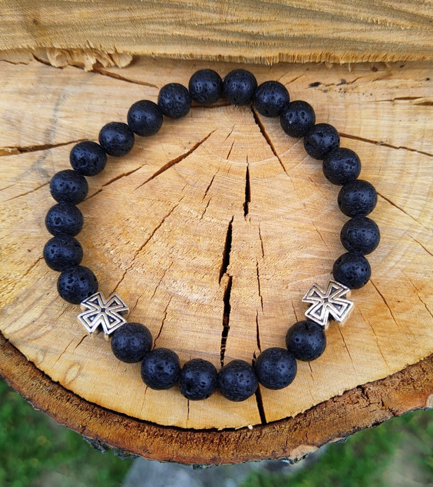 Bracelet diffuseur billes de lave pour Homme  Croix templière