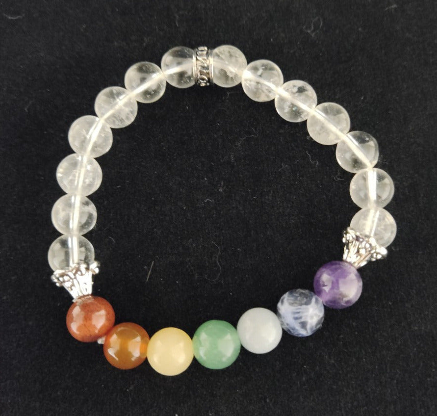 Bracelet Quartz clair 7 Chakras billes 8mm.