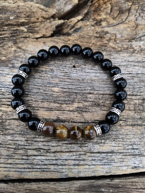 Bracelet Homme Obsidienne noire/oeil de tigre, ornements aztèques  billes 8mm